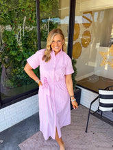 Load image into Gallery viewer, Brittany Striped Ruffle Neck Button Up Midi Dress- Light Pink
