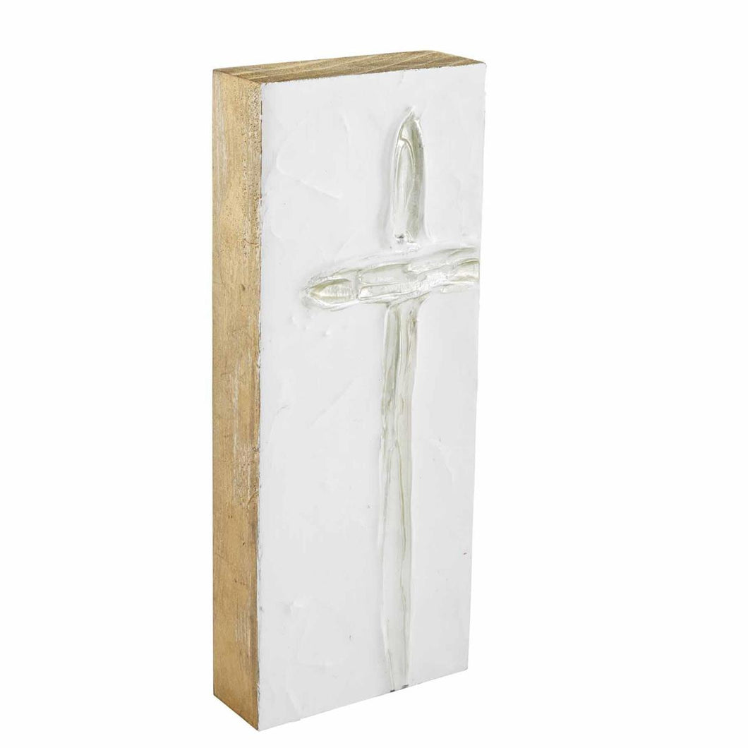 Tall Silver Cross Wooden Plaque
