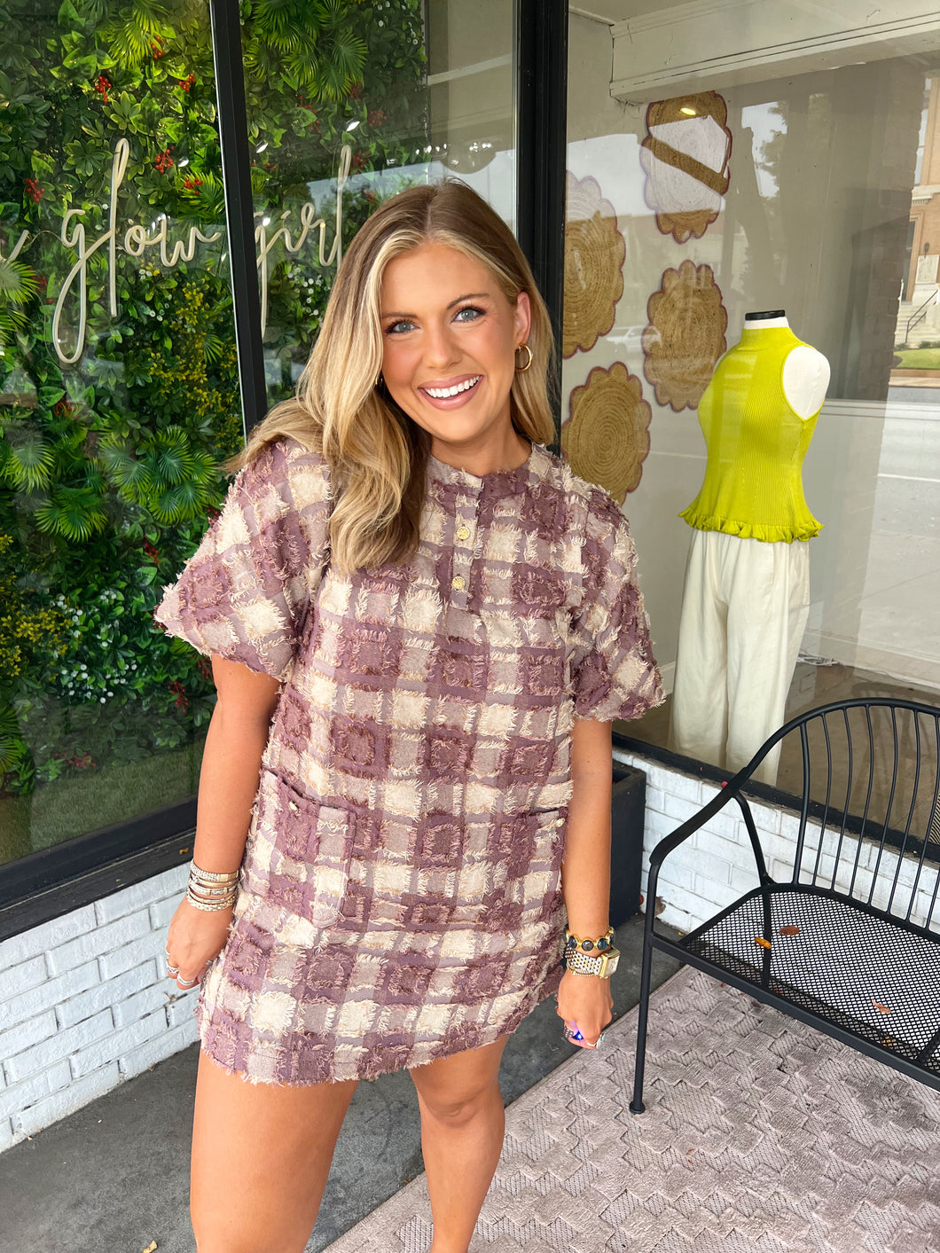 Sydney Fringe Plaid Textured Mini Dress- Brown