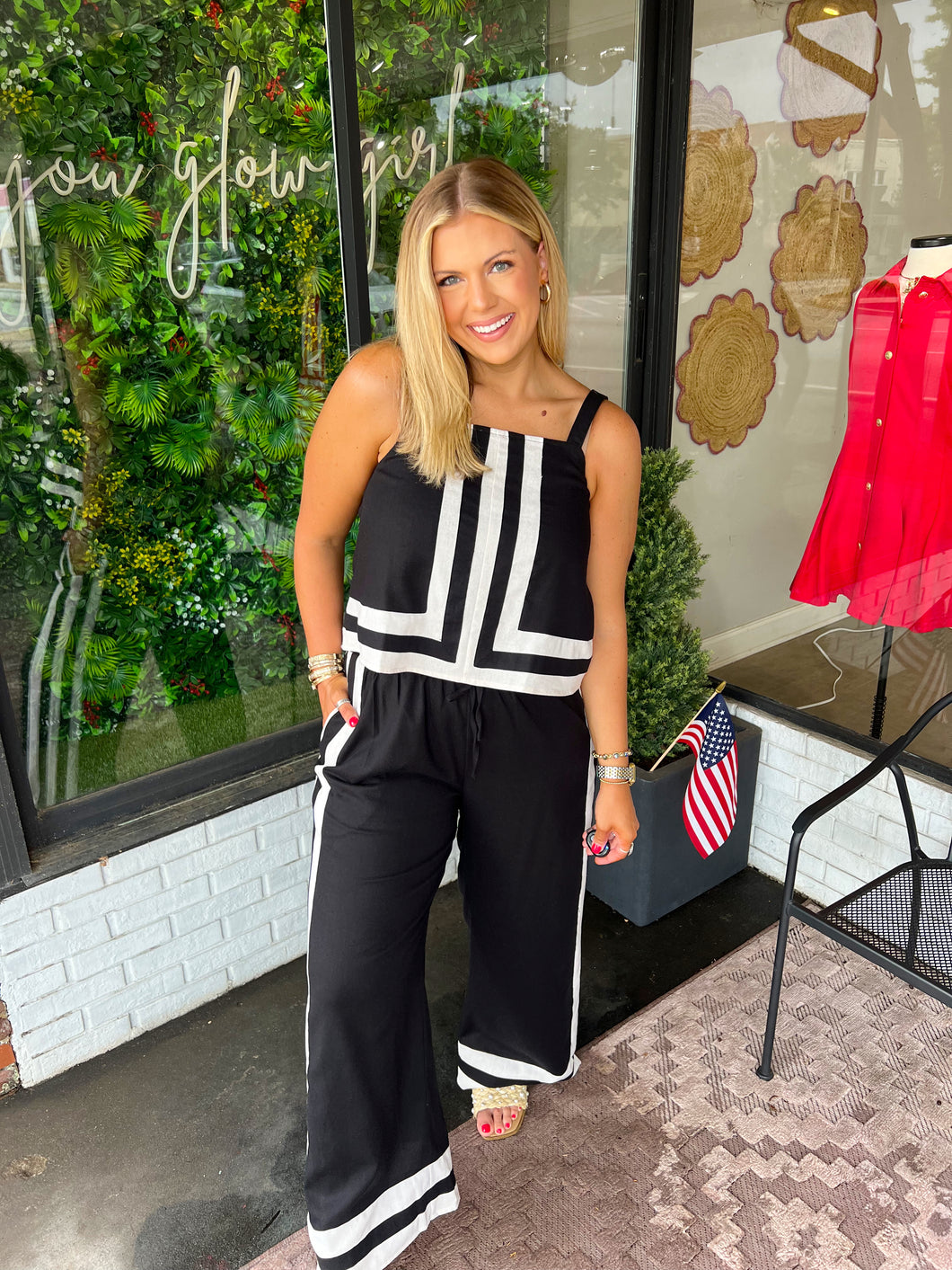 Ramsey Color Block Stripe Pant Set- Black/White