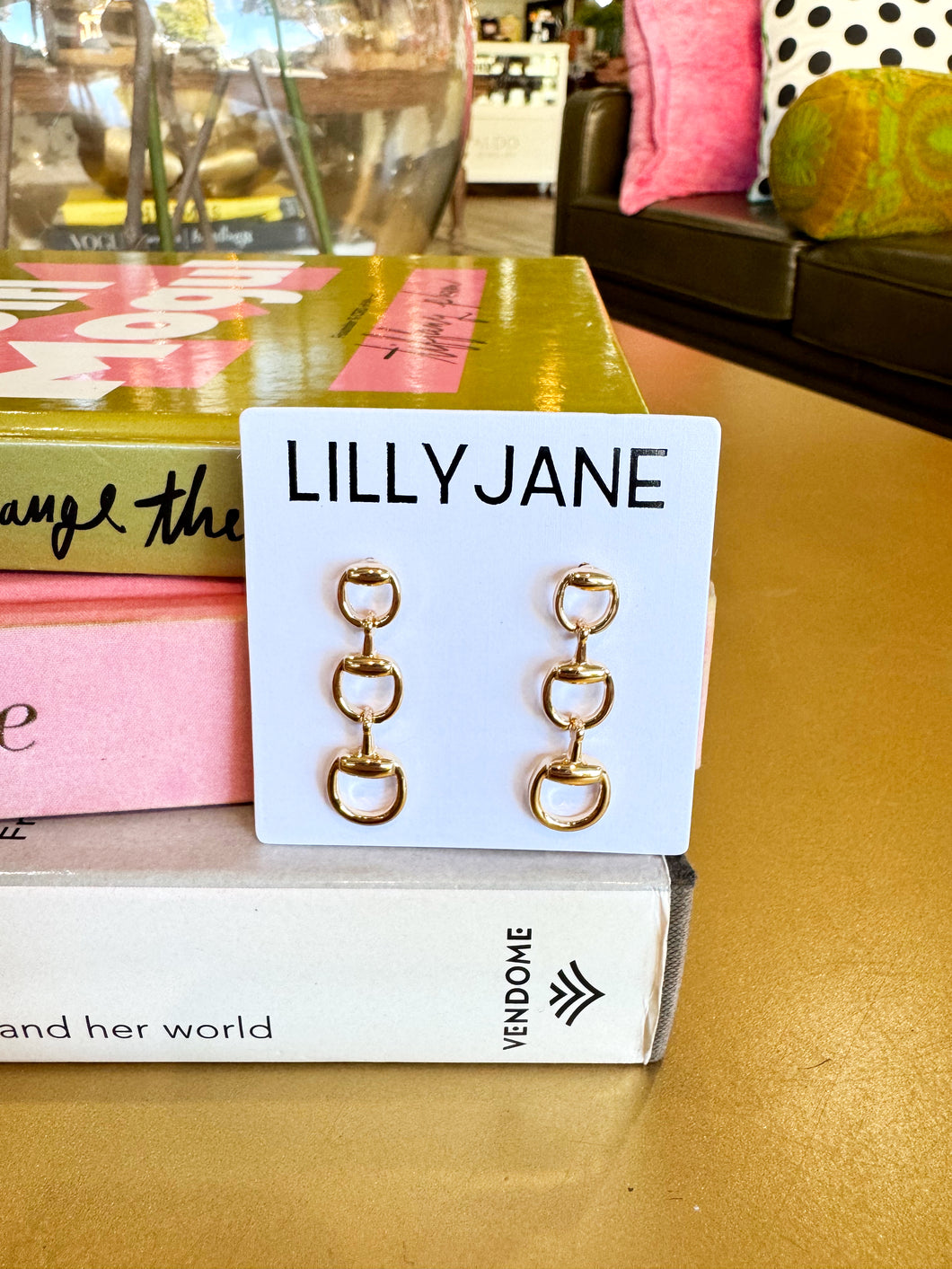 Gold Horsebit Link Dangle Earrings