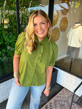 Load image into Gallery viewer, Layne Button Up Ruffle Neck Top- Olive
