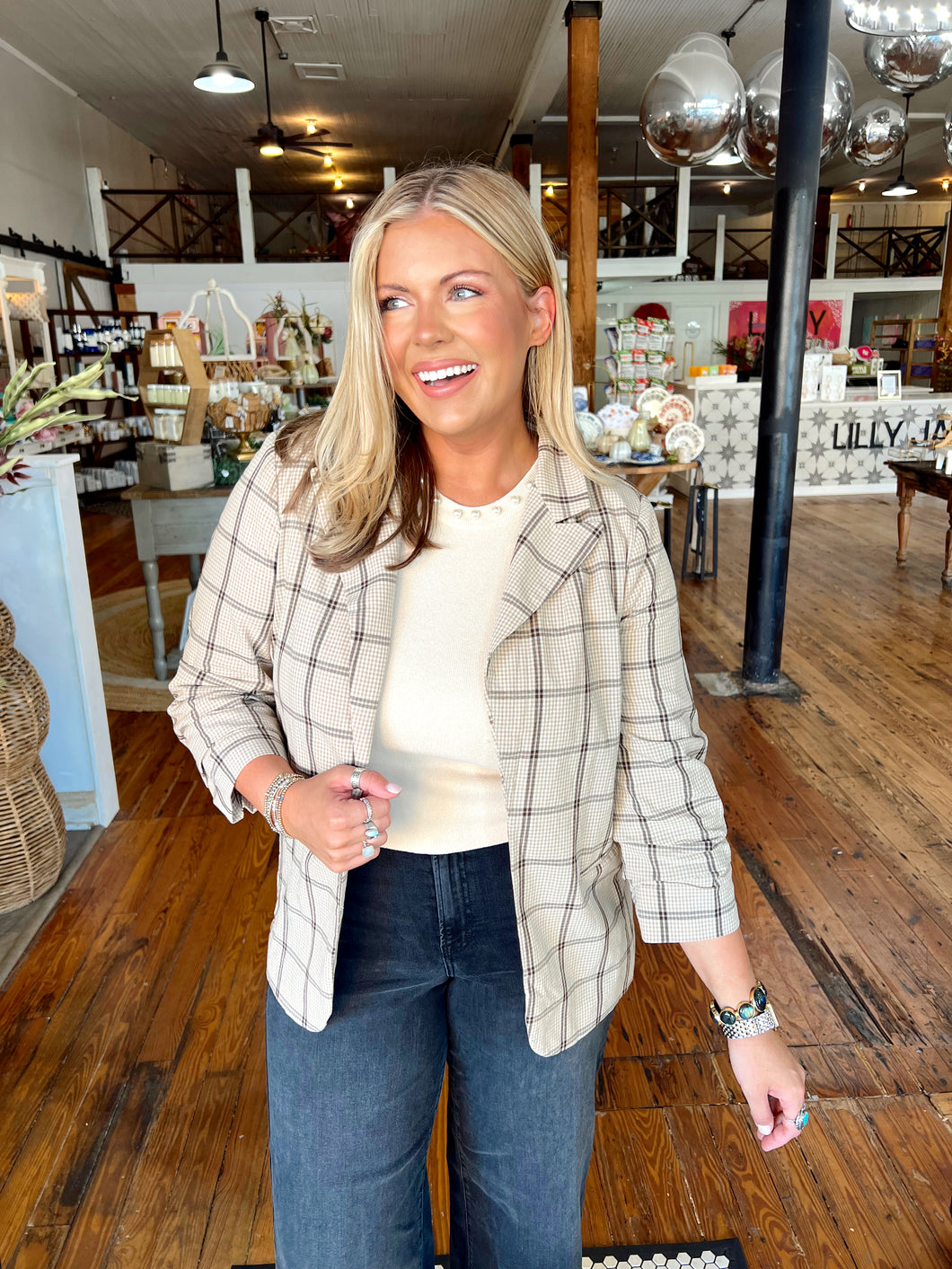 Kyler Plaid Ruched Sleeve Blazer- Taupe