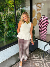 Load image into Gallery viewer, Charlee Stripe Satin Midi Skirt- Brown/Cream
