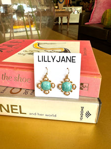Gold Square Pearl Studded Dangle Earrings- Turquoise