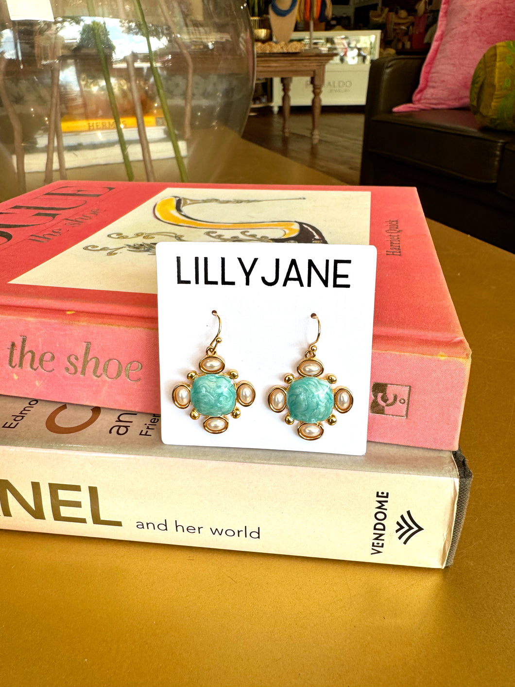 Gold Square Pearl Studded Dangle Earrings- Turquoise