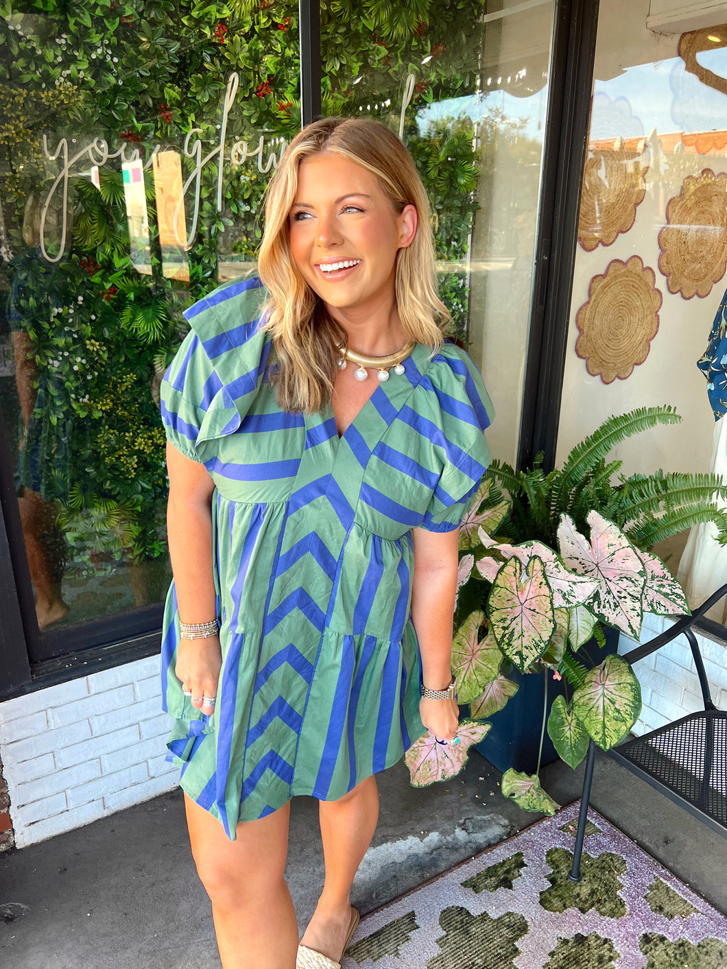 Delaney Striped Ruffle V-Neck Mini Dress - Blue/Green