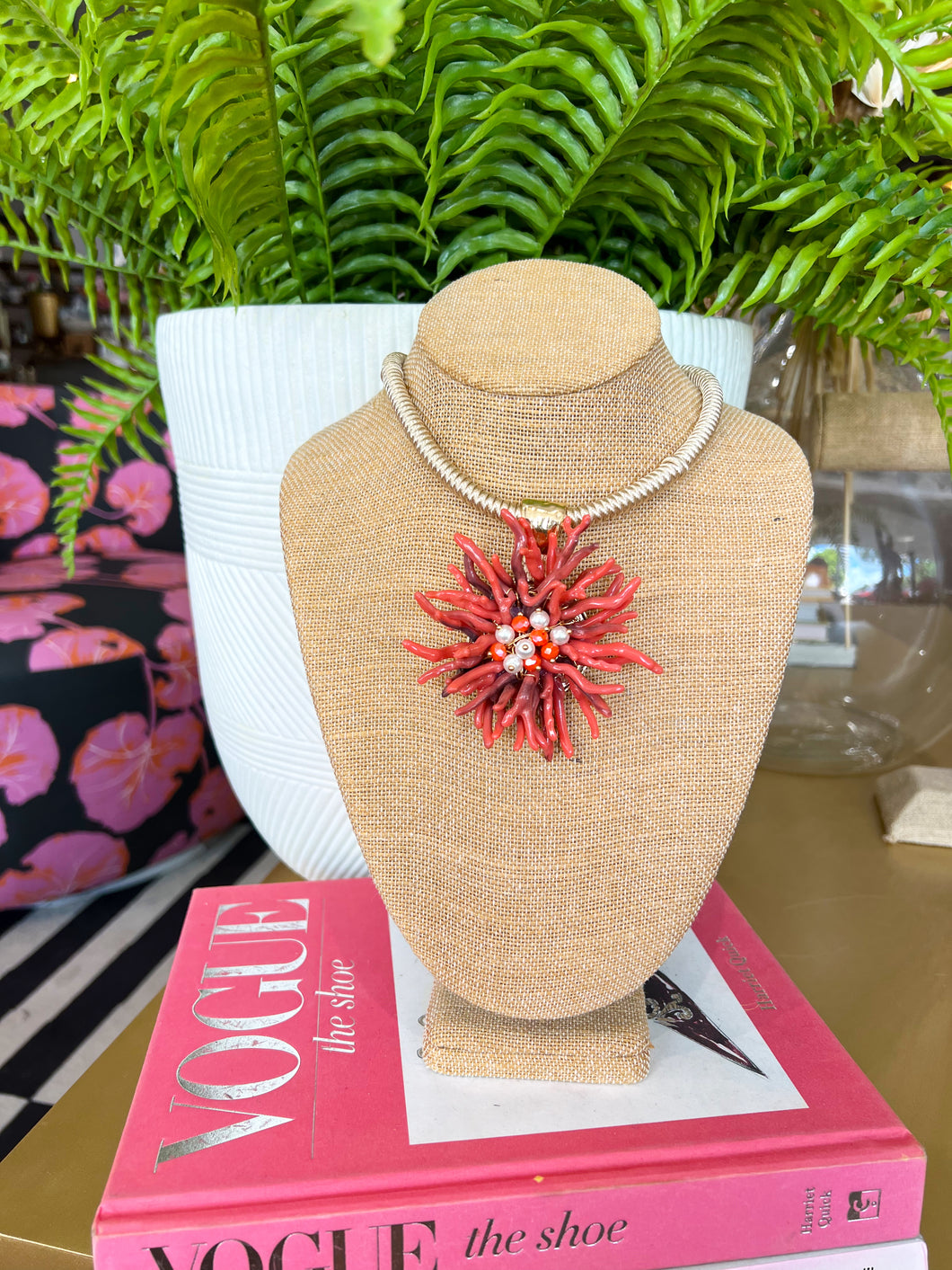 Coastal Beaded Floral Necklace - Coral