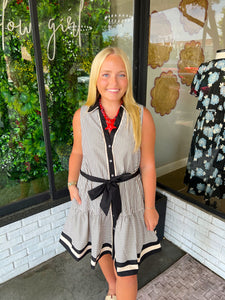 Monica Striped Button Up Mini Dress- Black