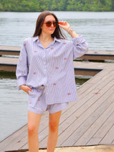 Load image into Gallery viewer, Sallie Stripe Embroidered Flag Button Up Top- Blue
