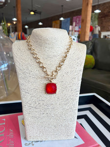 Gold Color Stone Accent Necklace-Red