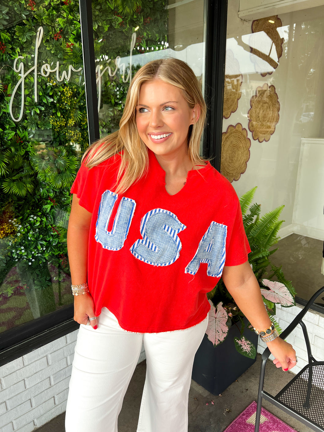 USA Mineral Washed Patchwork Top- Red