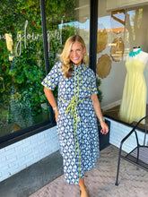 Load image into Gallery viewer, Casey Palm Printed Button Up Midi Dress- Navy/Lime
