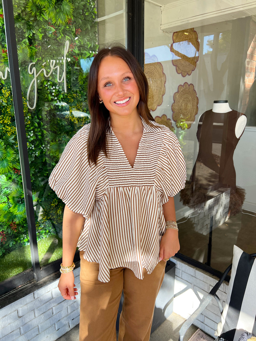 Laurie Striped Smock Babydoll Top -Brown