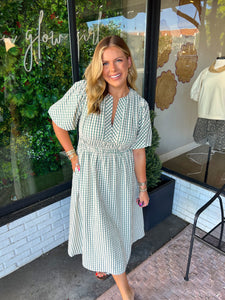 Evelyn Plaid Elastic Waist Midi Dress- Green/Cream