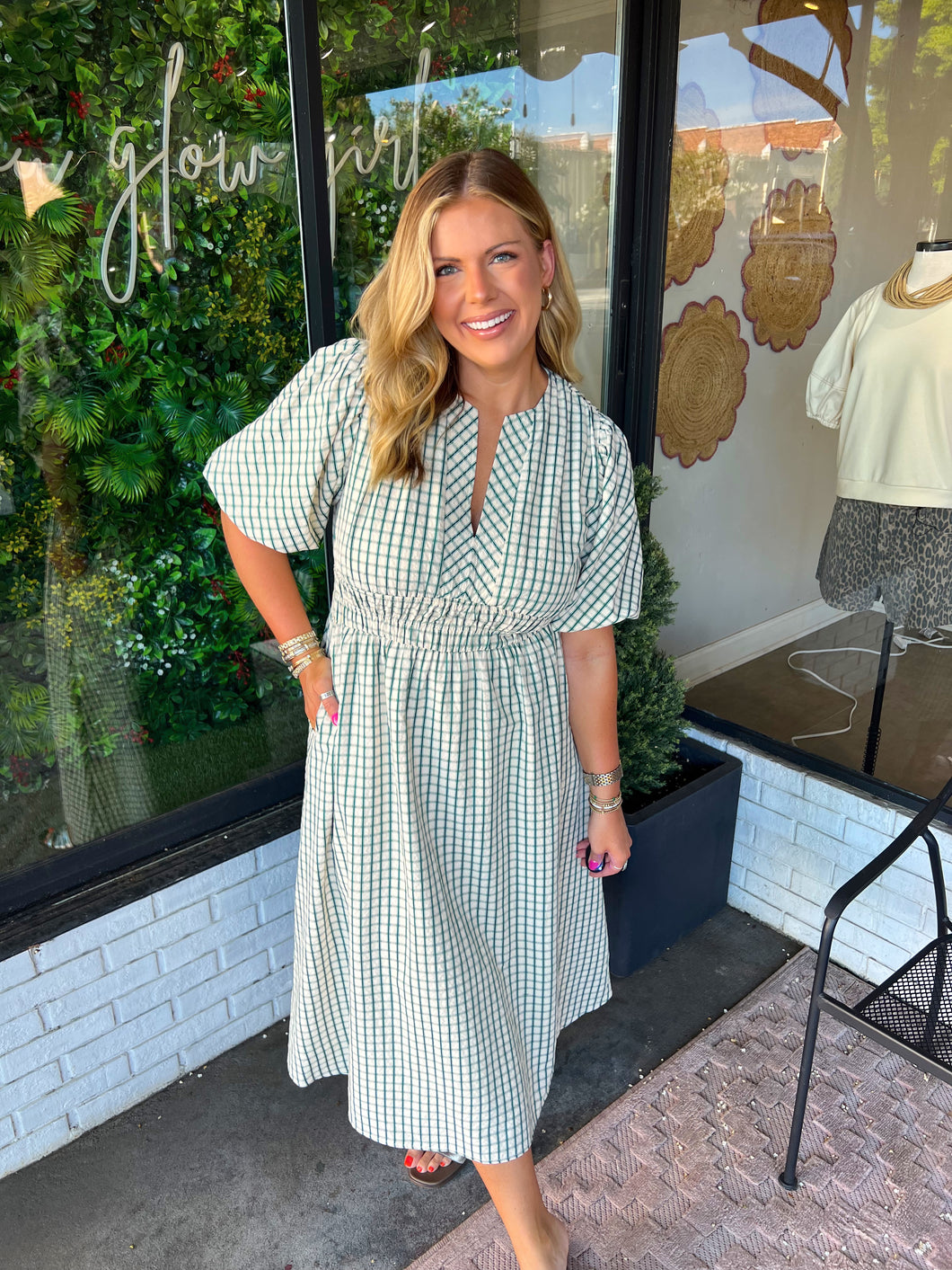 Evelyn Plaid Elastic Waist Midi Dress- Green/Cream