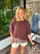 Load image into Gallery viewer, Bowie Short Sleeve Lace Trim Top- Brown
