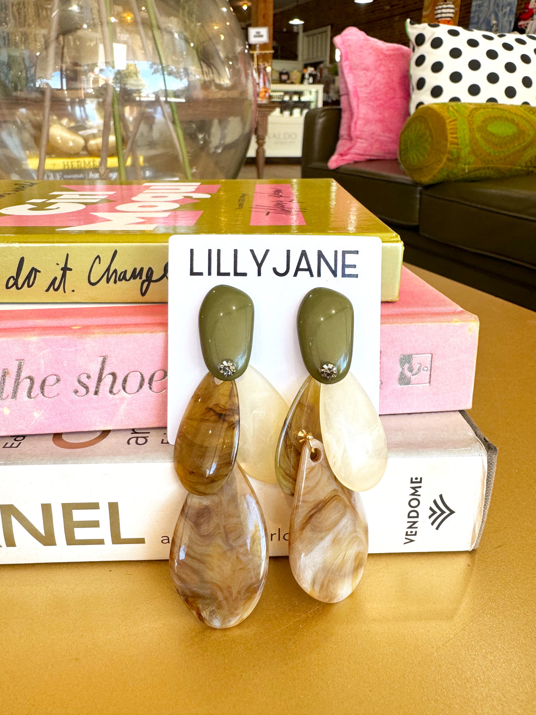 Acrylic Teardrop Dangle Earrings - Olive Multi