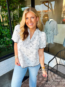 Percy Floral V-Neck Top- White/Black