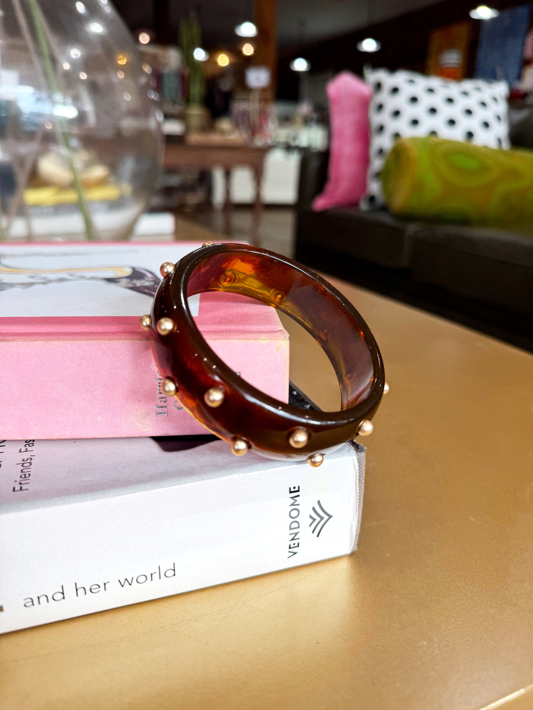 Gold Studded Acrylic Bangle - Tortoise