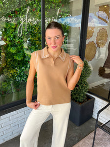 Justine Sleeveless Stitched Collared Tank - Tan