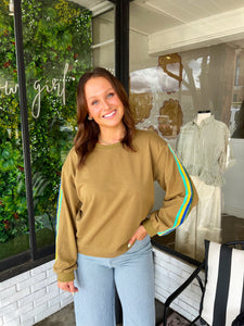 Everett Rainbow Stripe Sleeve Sweatshirt - Olive