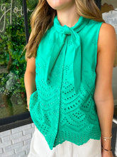 Load image into Gallery viewer, Emmett Eyelet Embroidered Self Tie Top- Green
