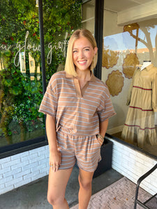 Lennon Striped Collared Short Set- Brown/Blue