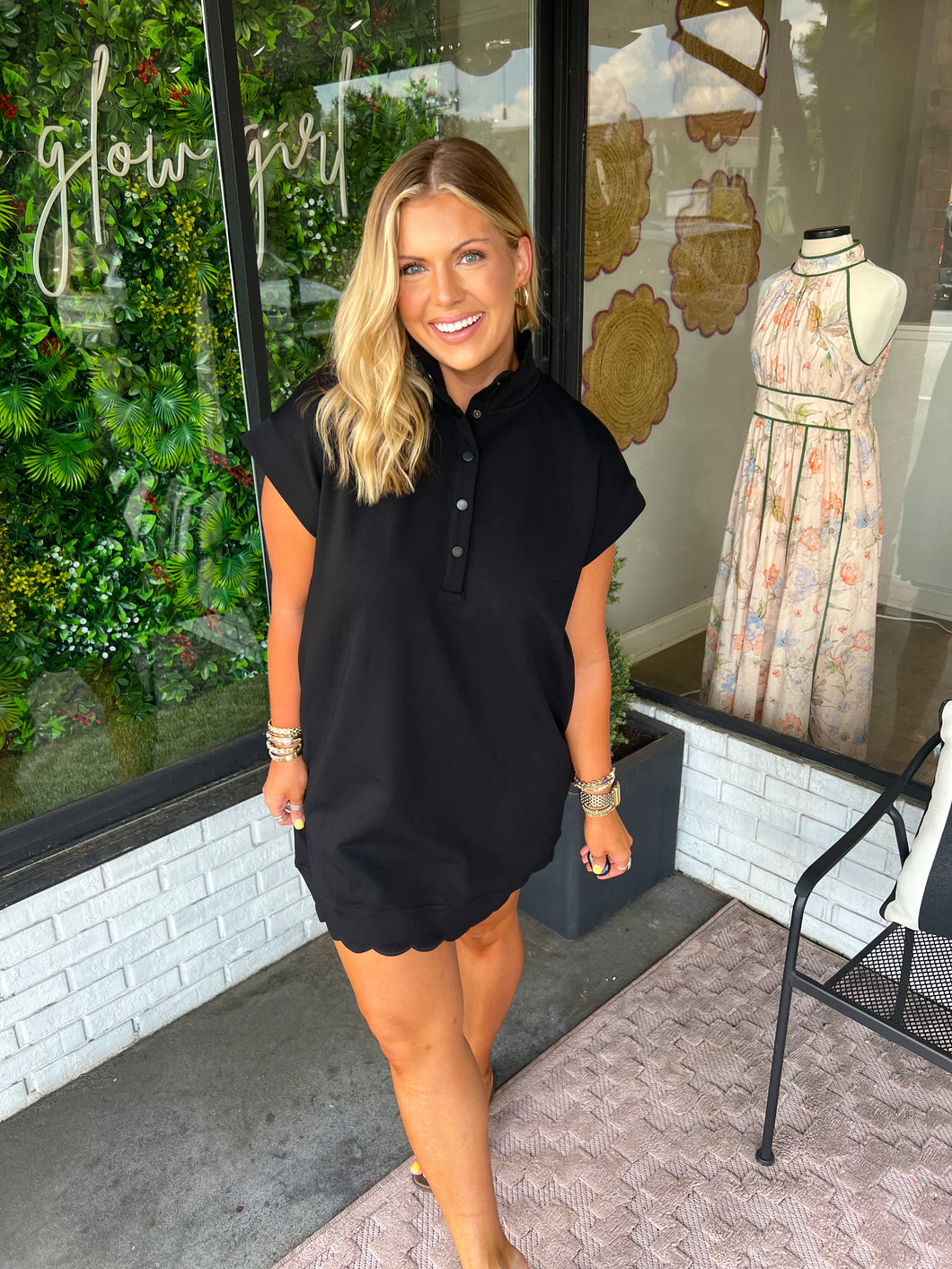Jameson Scallop Trim Collared Mini Dress- Black