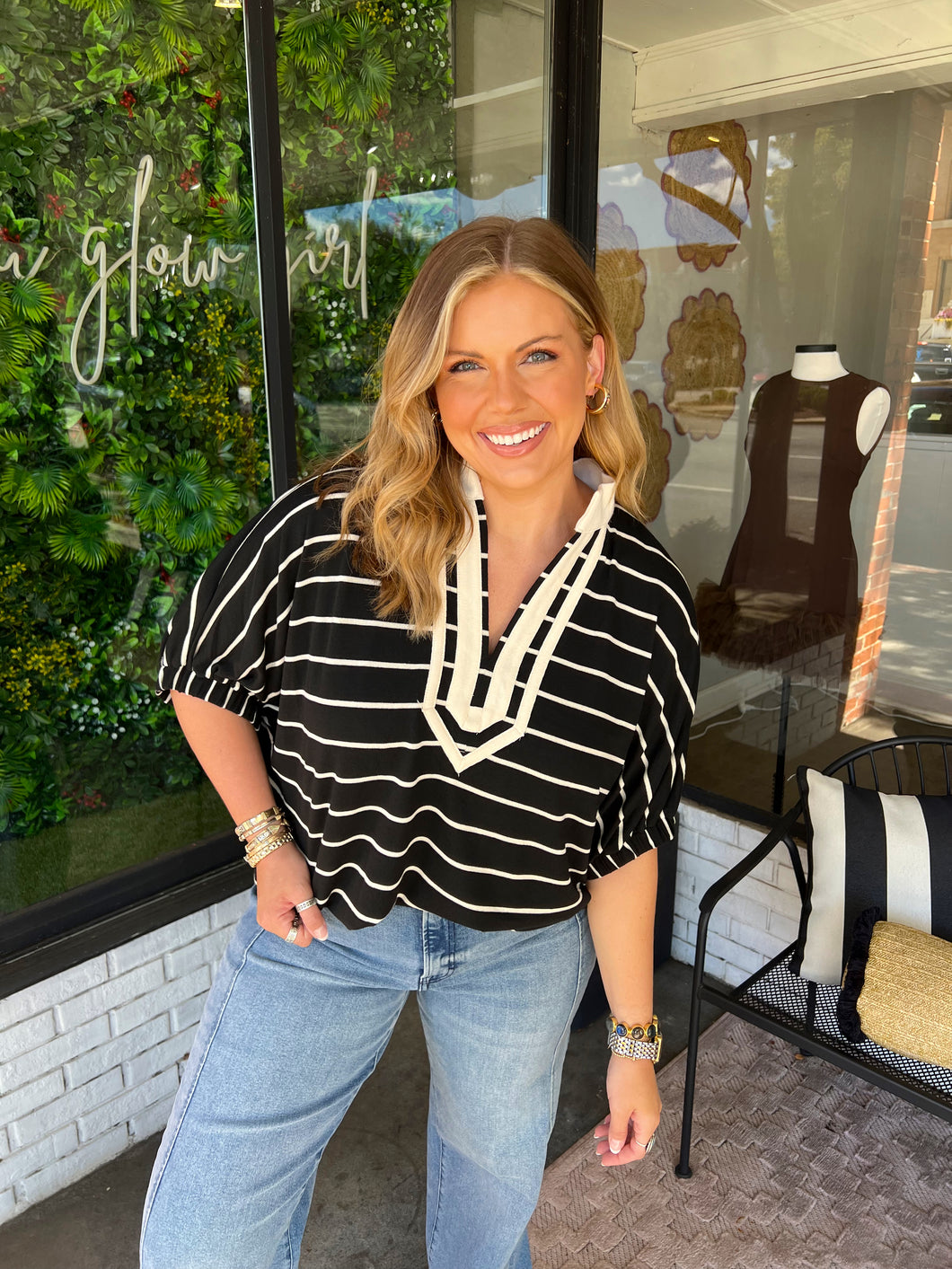 Spencer Striped V-Neck Top-Black/Cream