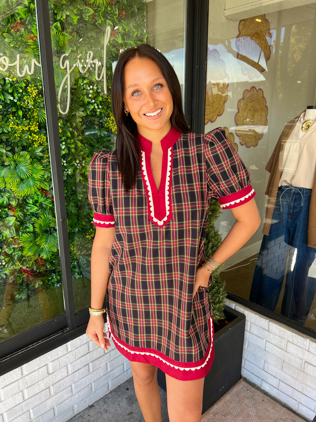 Olivia Plaid Scallop Trim Mini Dress- Navy