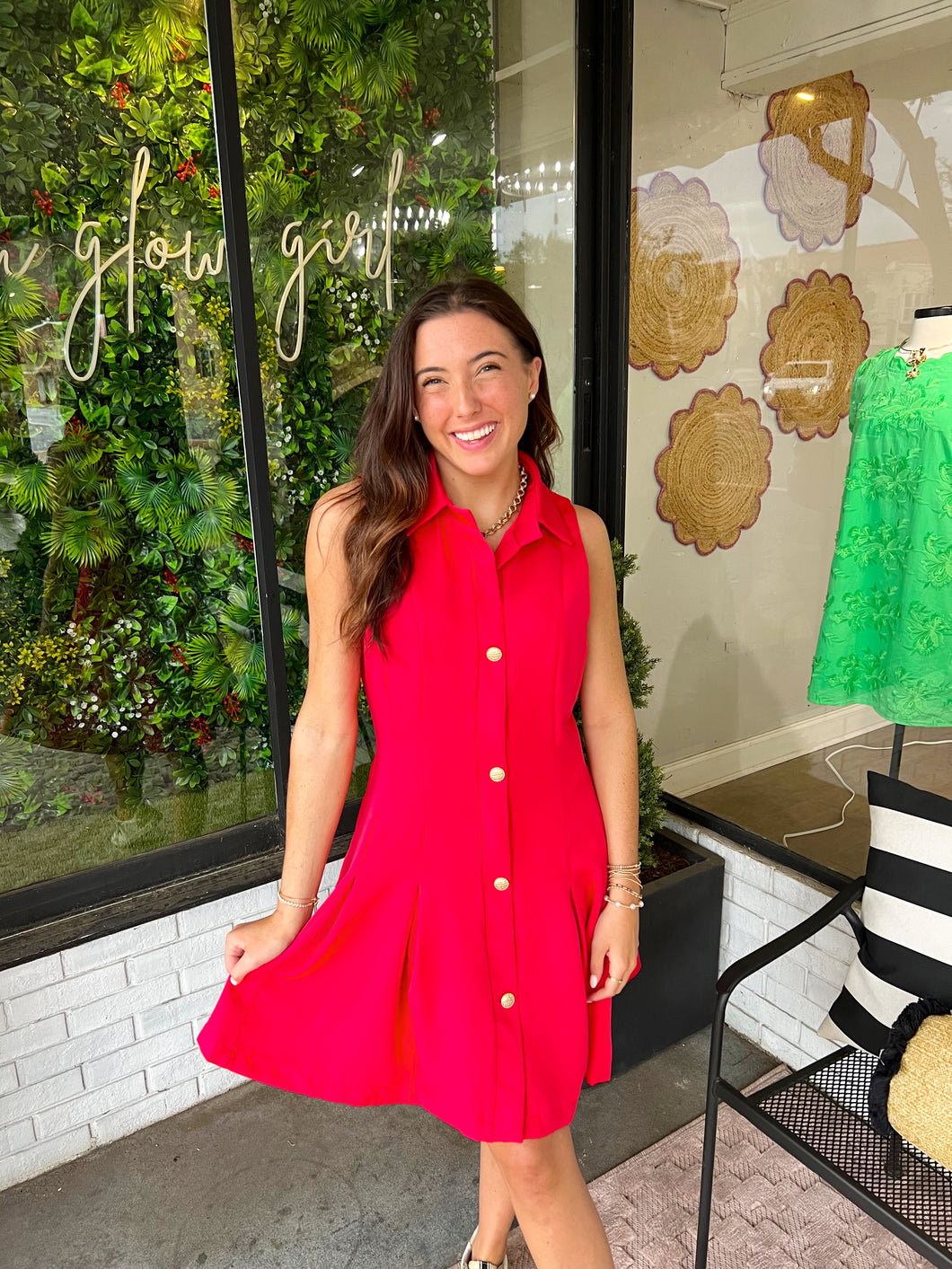 Shelly Pleated Button Up Mini Dress- Red