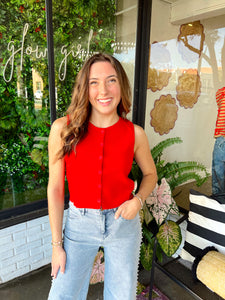 Jana Button Down Sweater Tank - Red