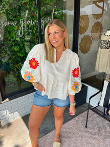 Sloane Striped Embroidered Sleeve Top- Taupe