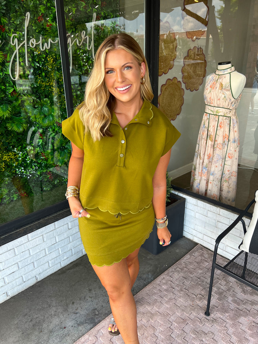 Paisley Scallop Trim Skort Set - Chartreuse