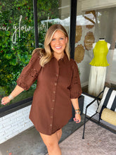 Load image into Gallery viewer, Shay Embroidered Button Up Mini Dress- Brown
