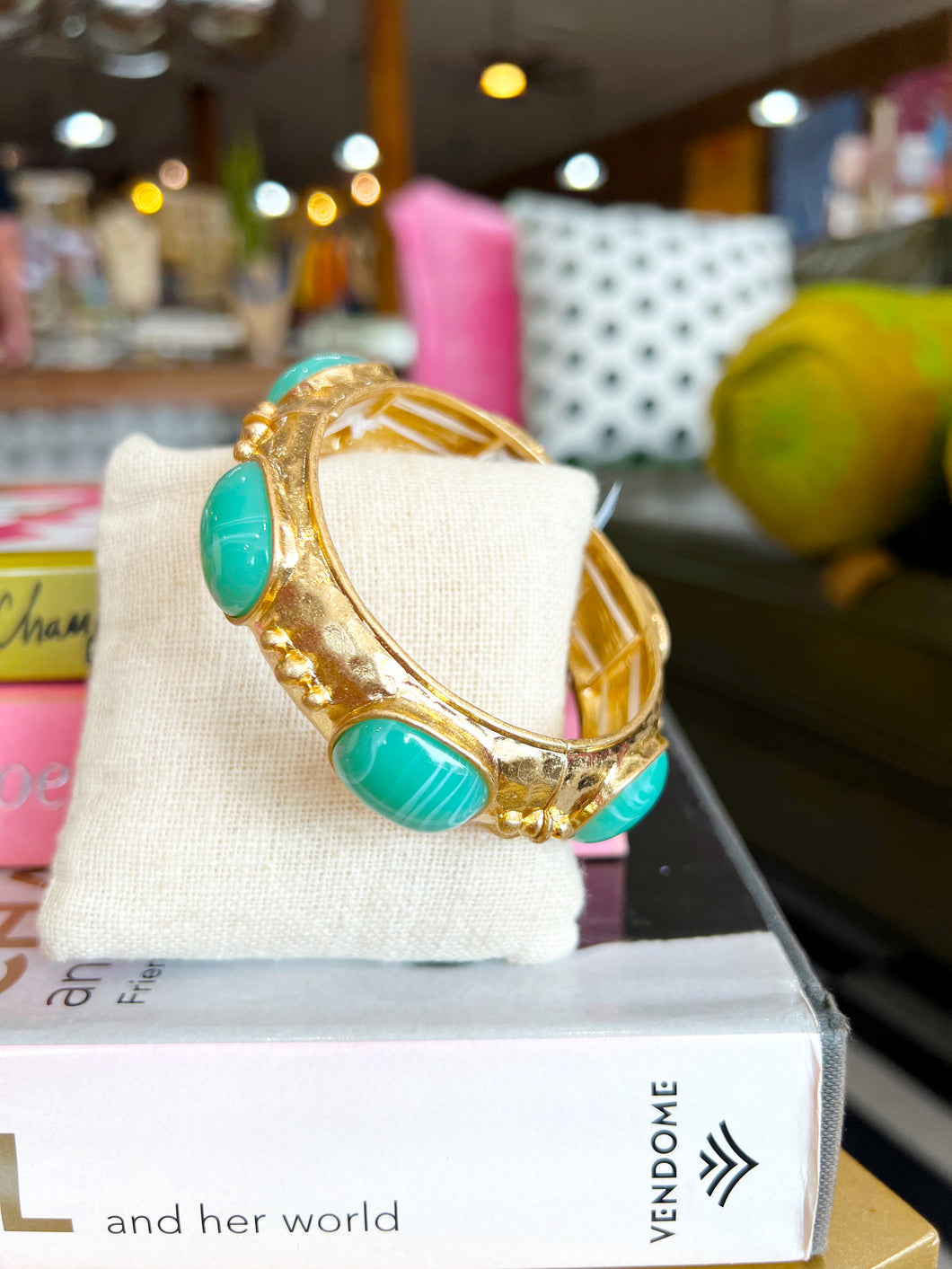 Gold Chunky Stone Studded Bracelet - Green