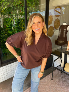 Harlow V-Neck Puff Sleeve Top- Brown