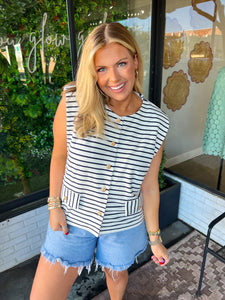 Cullen Striped Padded Button Up Top -Navy