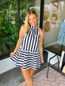 Aly Stripe Halter Neck Mini Dress- Navy
