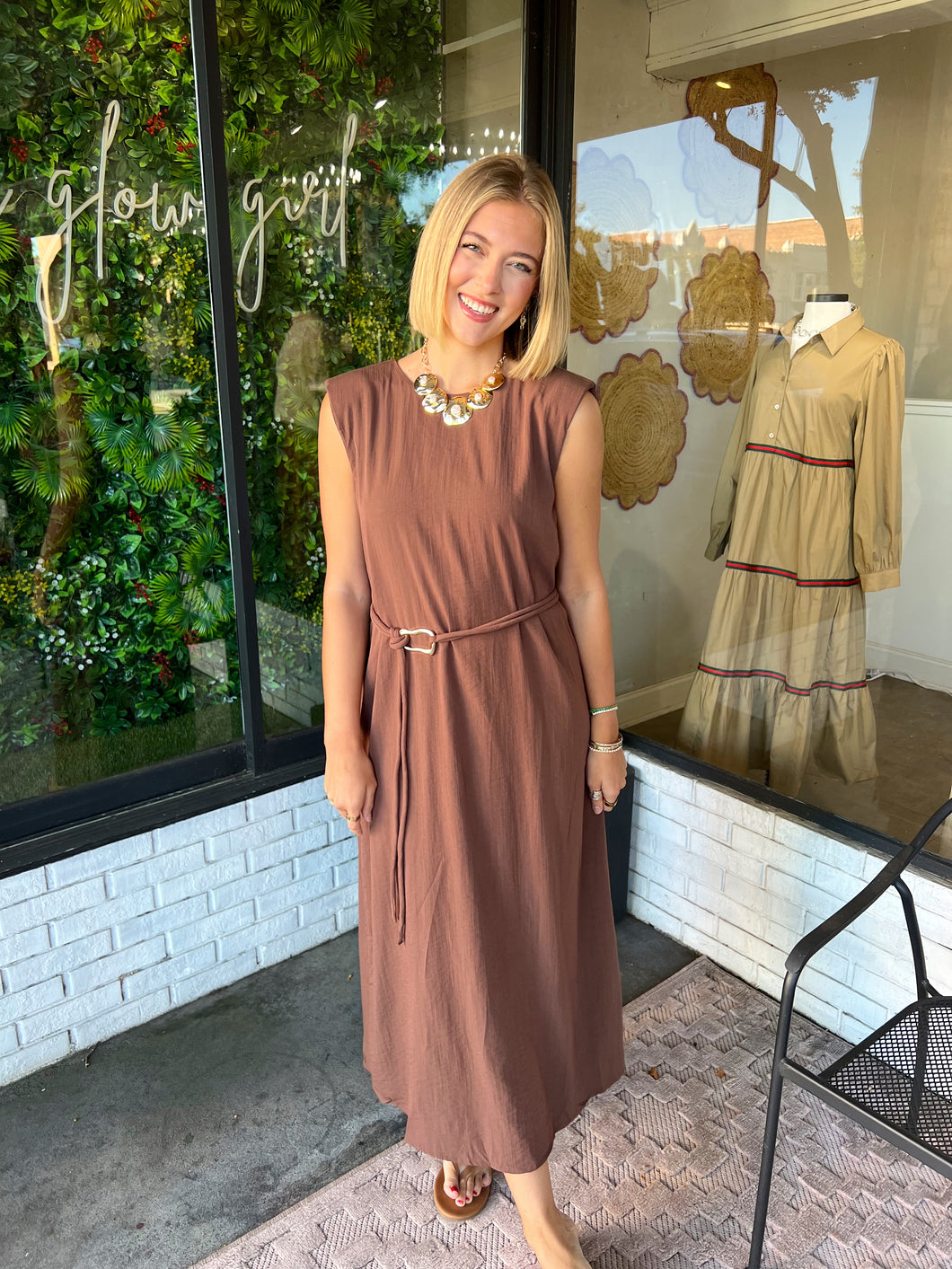 Baylen Sleeveless Gold Belted Midi Dress- Brown