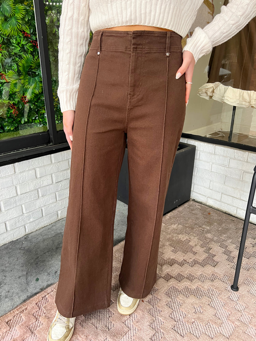 Taylor Front Seam High Rise Wide Leg Pants- Brown