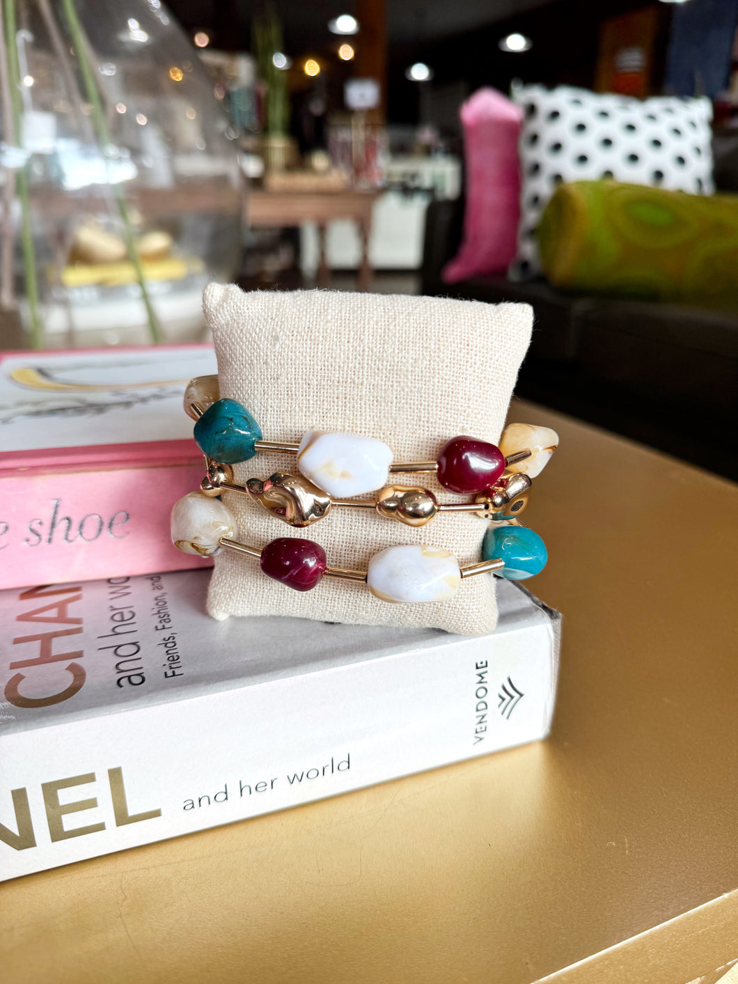 Multi Colored Stone Beaded Bracelet Set - Beige