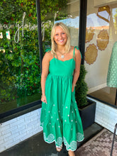 Load image into Gallery viewer, Summer Embroidered Scallop Trim Midi Dress- Kelly Green
