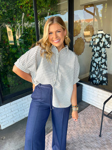 Jesslyn Seersucker Button Up Top- Cream/Black