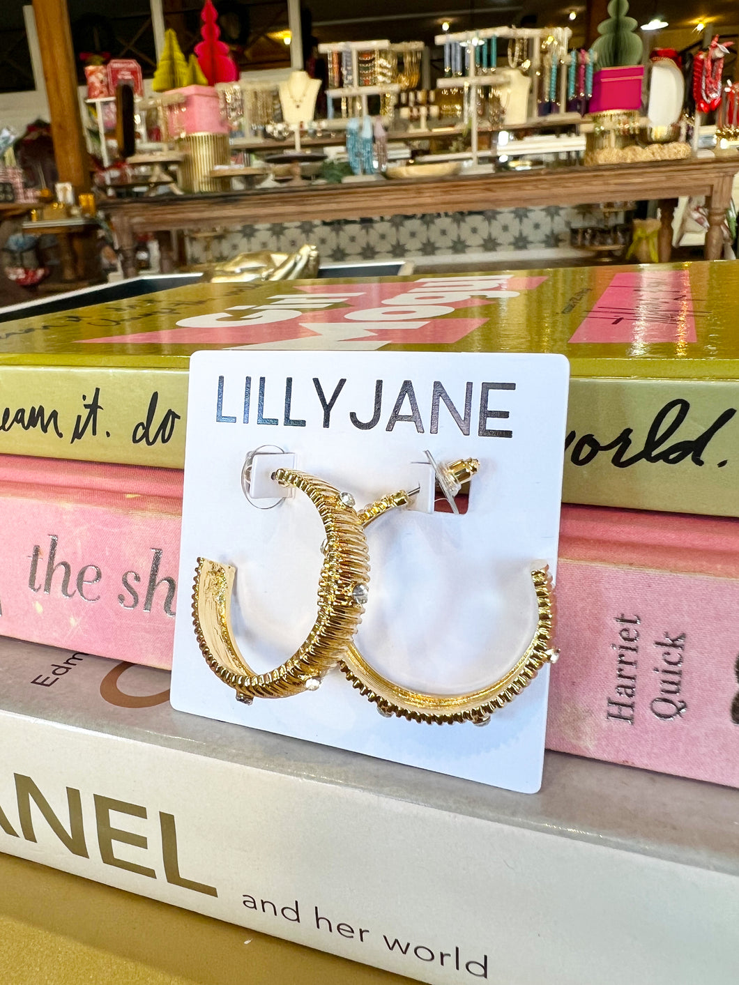 Gold Textured Crystal Studded Hoop Earrings