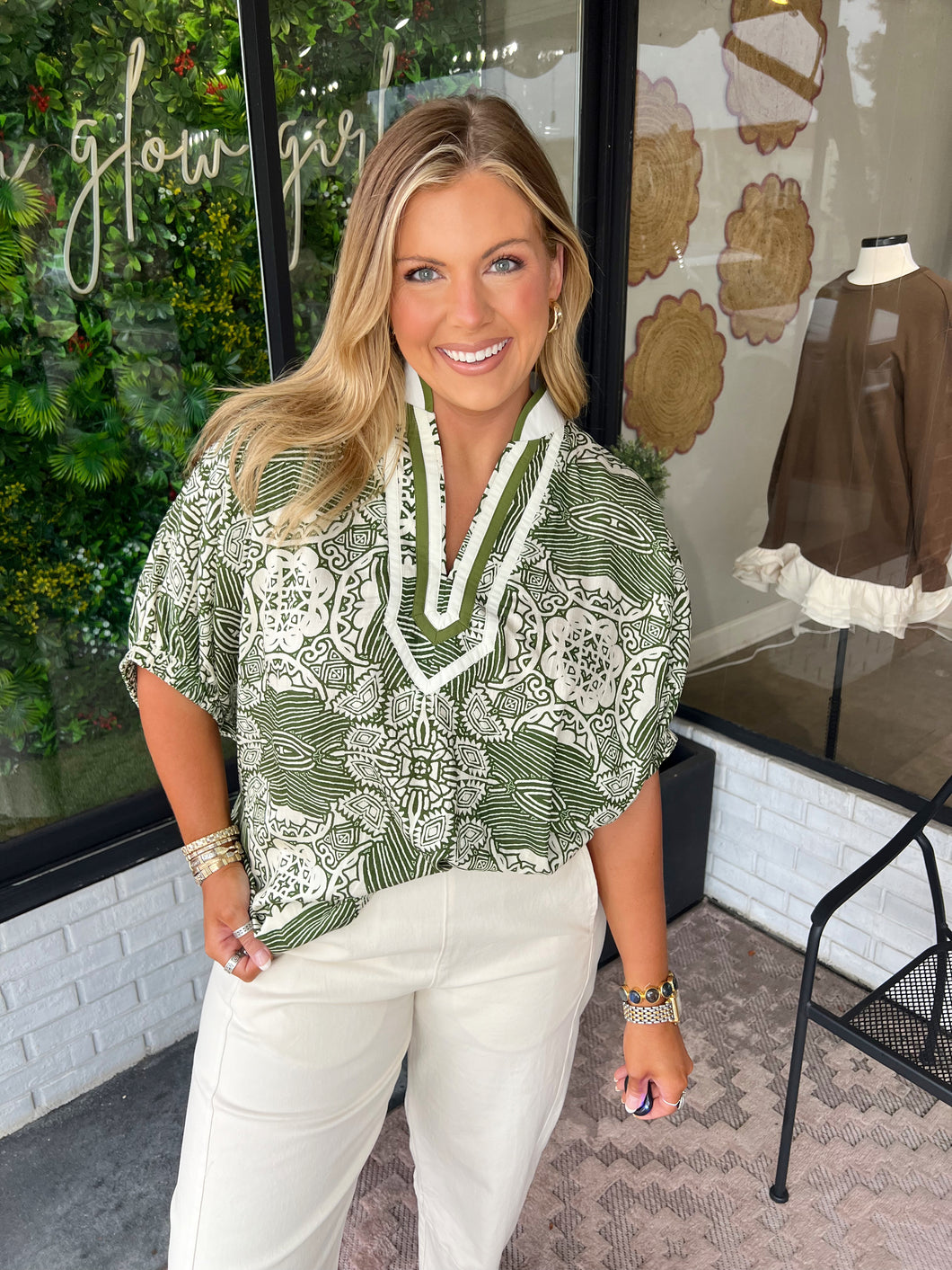 Waverly Floral Printed V-Neck Top- Olive Green