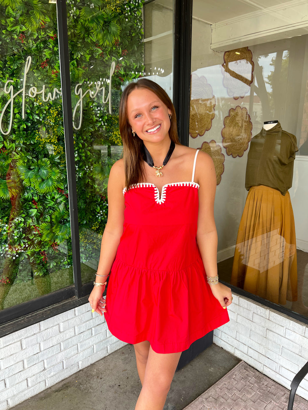Elizabeth Stitched Poplin Mini Dress -Red