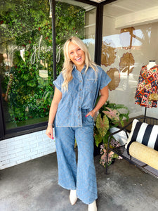 Emory Quilted Denim Pant Set- Denim Blue