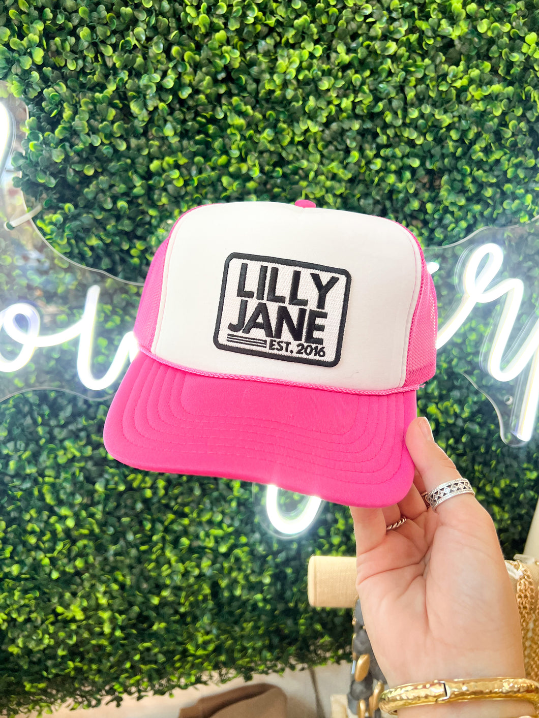 Lilly Jane Vintage Logo Trucker Hat- Hot Pink/White
